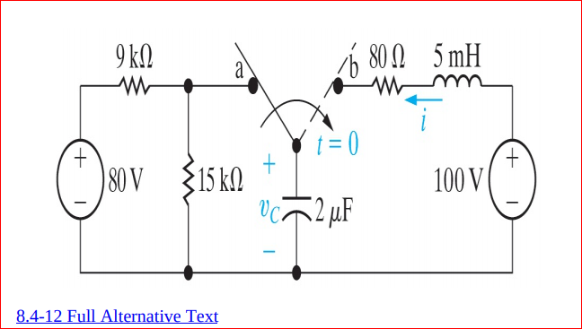 9 k.
b 80 0 5 mH
t = 0
t.
100 V
$15 k.
v2 µF
80 V
8.4-12 Full Alternative Text
