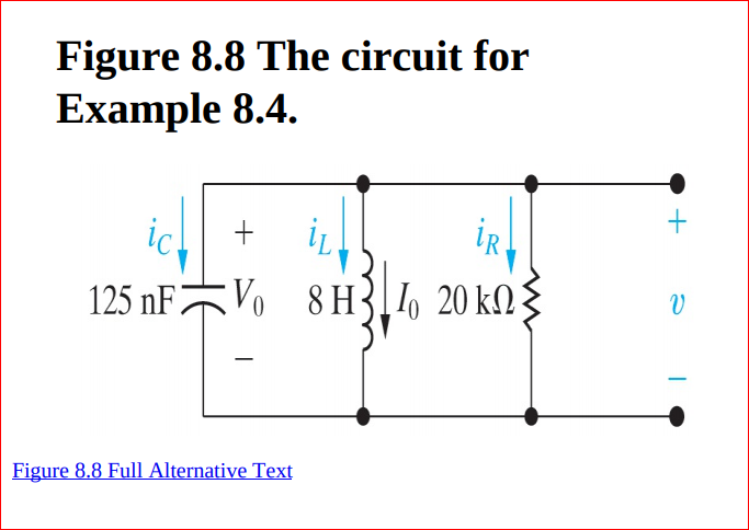 Figure 8.8 The circuit for
Example 8.4.
iR
125 nFVo 8H{[l 20 kM:
Figure 8.8 Full Alternative Text
