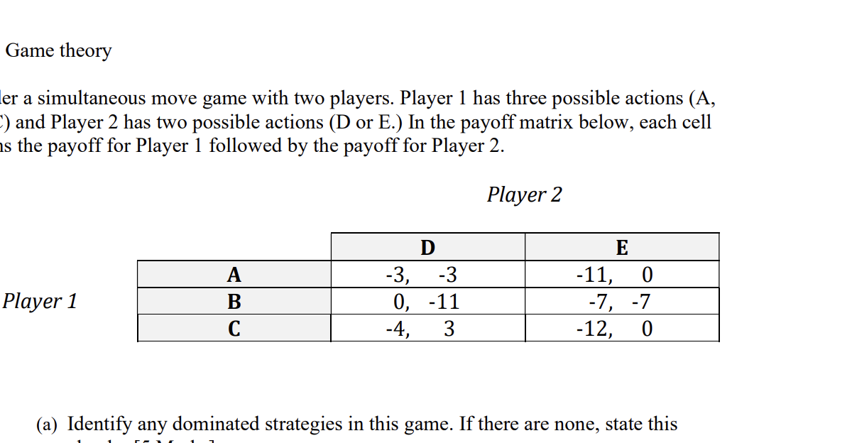 Game theory
ler a simultaneous move game with two players. Player 1 has three possible actions (A,
) and Player 2 has two possible actions (D or E.) In the payoff matrix below, each cell
is the payoff for Player 1 followed by the payoff for Player 2.
Player 2
Player 1
A
B
D
-3, -3
0,
-11
-4,
E
-11,
0
-7, -7
-12, 0
(a) Identify any dominated strategies in this game. If there are none, state this