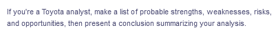 If you're a Toyota analyst, make a list of probable strengths, weaknesses, risks,
and opportunities, then present a conclusion summarizing your analysis.
