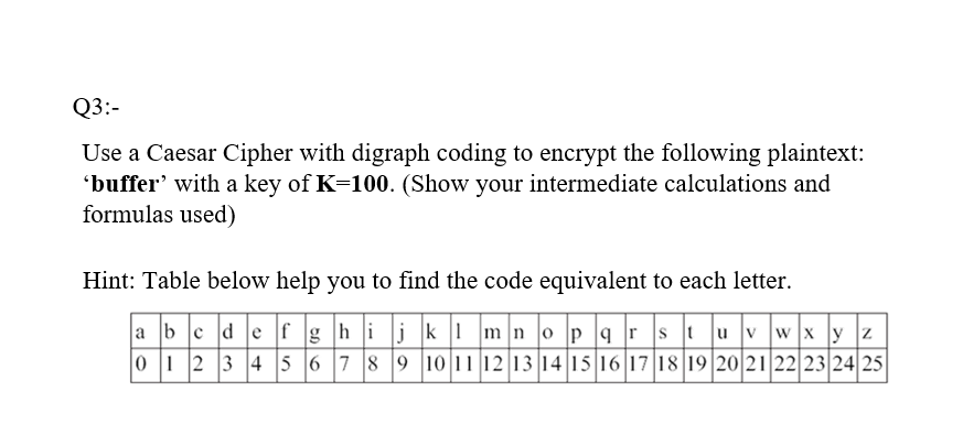 Q3:-
Use a Caesar Cipher with digraph coding to encrypt the following plaintext:
'buffer' with a key of K=100. (Show your intermediate calculations and
formulas used)
Hint: Table below help you to find the code equivalent to each letter.
a b c d e f g hi jk 1 m n o p |q r |s |t ]u \v ]w]x |y z
0 1 2 3 4 5 6 7 8 9 10 11 12 13 14 15 16 17 18 19 20 21 22 23 24 25
