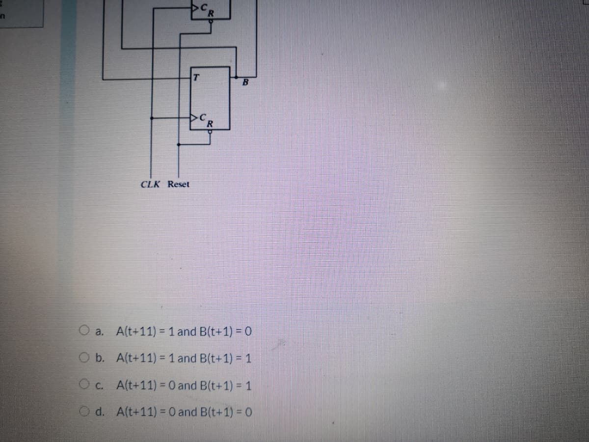 CLK Reset
O a. A(t+11) =1 and B(t+1) - 0
Ob. A(t+11) = 1 and B(t+1) = 1
O c. A(t+11) = 0 and B(t+1) = 1
O d. A(t+11) = 0 and B(t+1) O
