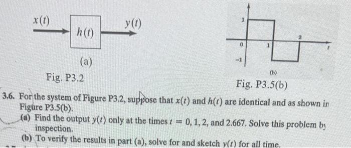 x (t)
h(t)
y(t)
Fu
0
-1
(b)
Fig. P3.5(b)
Fig. P3.2
3.6. For the system of Figure P3.2, suppose that x(t) and h(t) are identical and as shown in
Figure P3.5(b).
(a) Find the output y(t) only at the times = 0, 1, 2, and 2.667. Solve this problem by
inspection.
(b) To verify the results in part (a), solve for and sketch y(t) for all time.