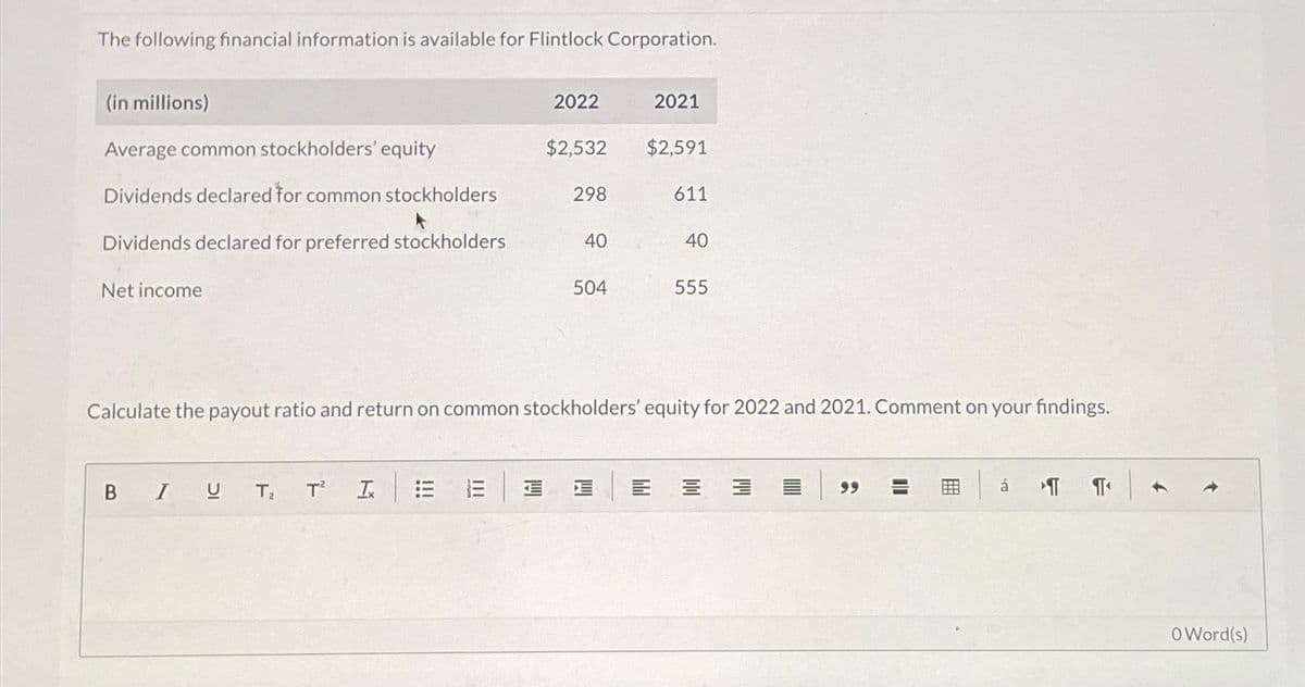 The following financial information is available for Flintlock Corporation.
(in millions)
Average common stockholders' equity
Dividends declared for common stockholders
Dividends declared for preferred stockholders
Net income
BIU T₂
T² Ix
!!!
111
2022
lil
$2,532
298
40
504
Calculate the payout ratio and return on common stockholders' equity for 2022 and 2021. Comment on your findings.
W
2021
$2,591
144
611
40
555
트
M
II
á
TT
¶
O Word(s)