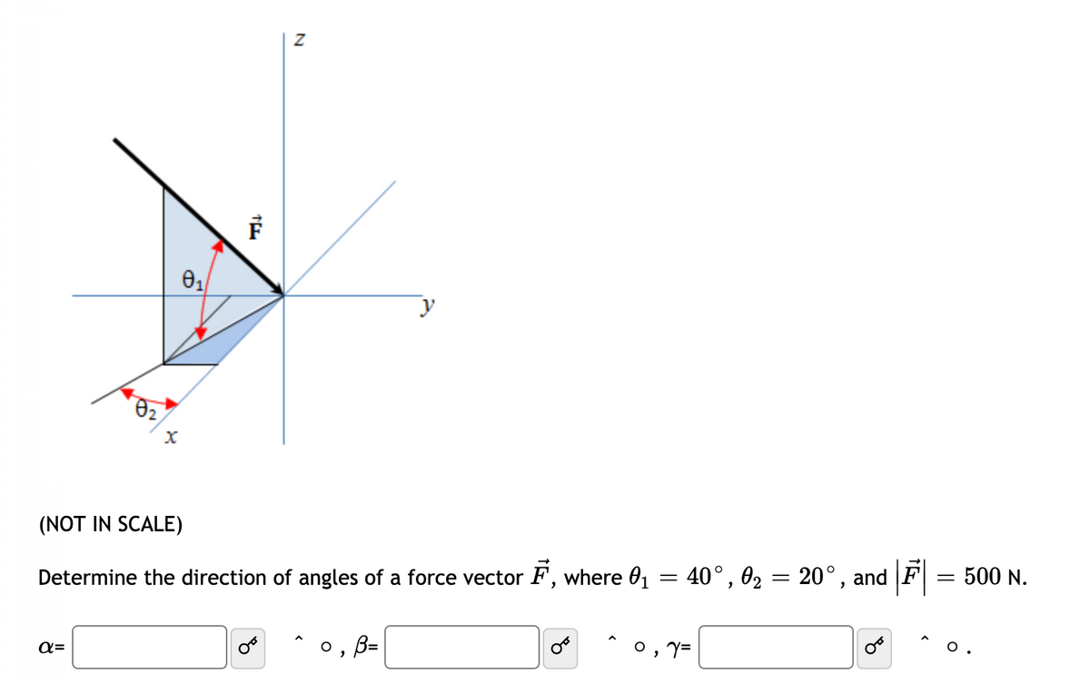 (NOT IN SCALE)
Determine the direction of angles of a force vector F, where 01 = 40°, 02 = 20°, and F = 500 N.
%3|
B=
o, Y=
