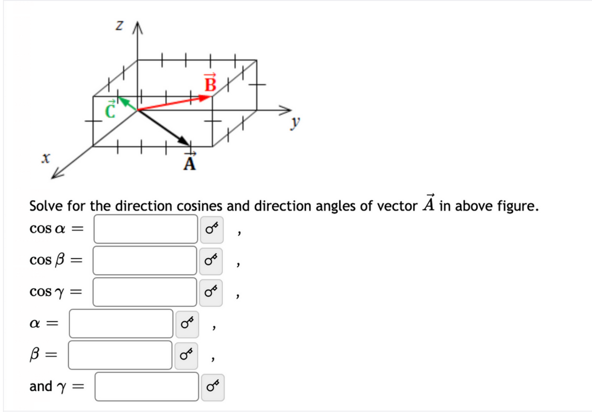 Z A
y
А
Solve for the direction cosines and direction angles of vector A in above figure.
COS a =
cos B
COs y =
a =
B =
and y =
of
of
