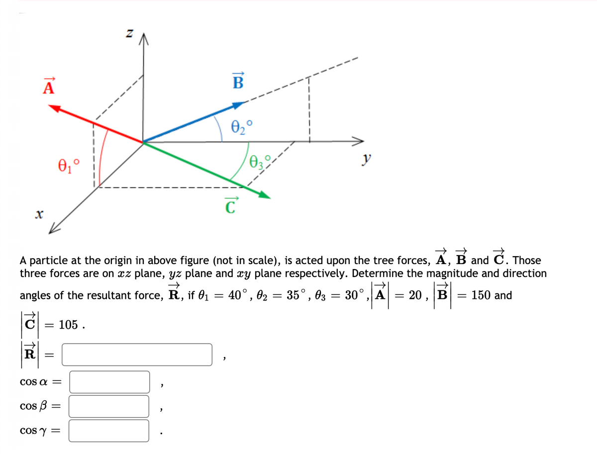 A
B
0,°
0,°
y
C
A particle at the origin in above figure (not in scale), is acted upon the tree forces, A, B and C. Those
three forces are on xz plane, yz plane and æy plane respectively. Determine the magnitude and direction
angles of the resultant force, R, if 01 = 40°, 02 = 35°, 03 = 30°,|A = 20, B
= 150 and
105 .
COs a =
cos B
cos y =
