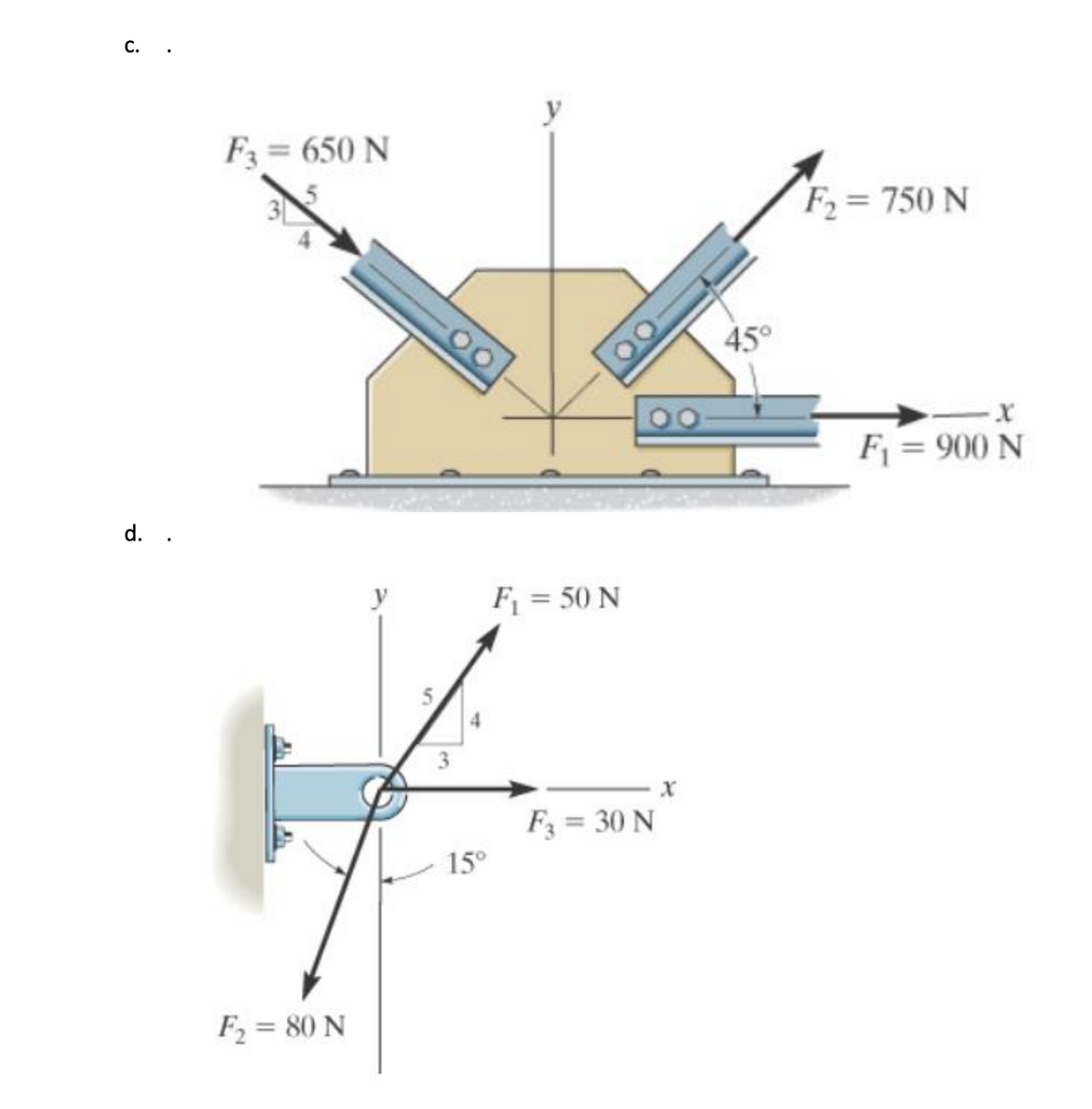 С.
F = 650 N
F = 750 N
45°
F = 900 N
d. .
F = 50 N
4
F3 = 30 N
15°
F2 = 80 N
