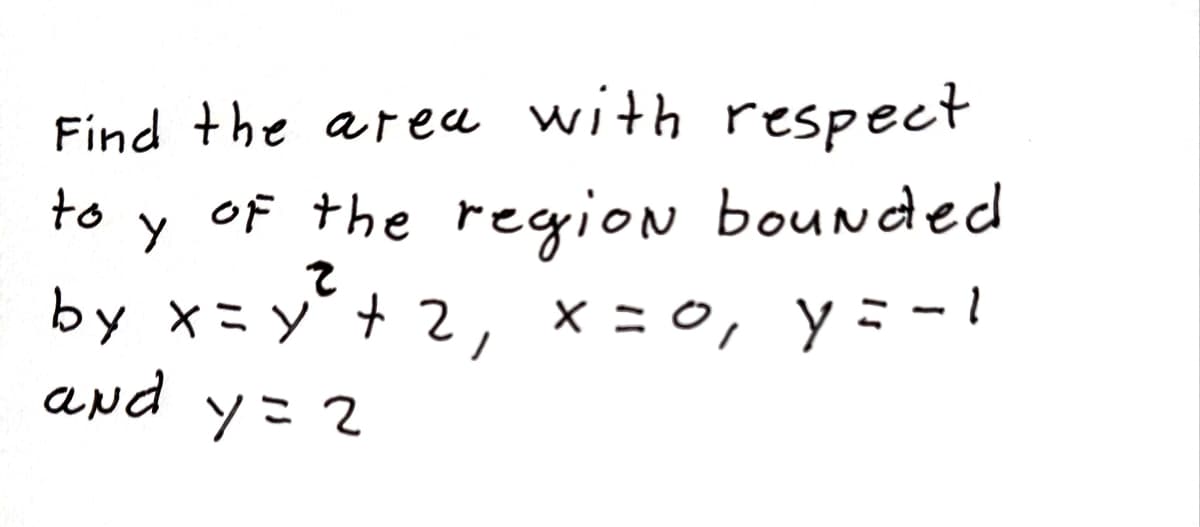 Find the area with respect
to y of the region bounded
by ×こy+2, x:0, y:-!
apd y=2
ソこ2
