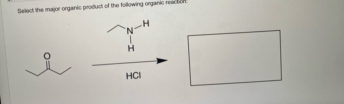 Select the major organic product of the following organic reaction!
N-H
HCI