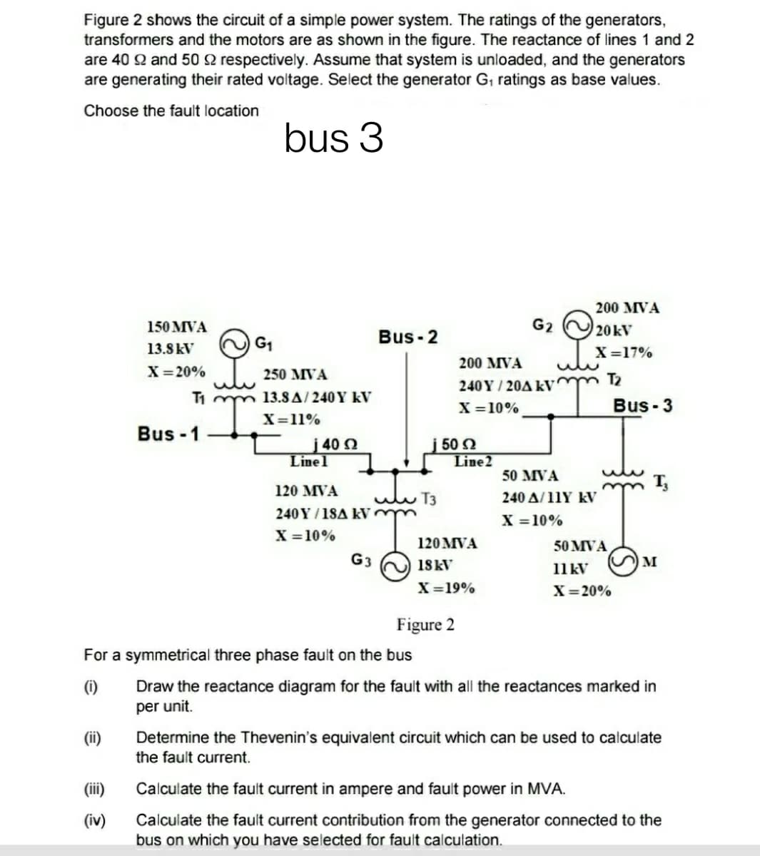 Figure 2 shows the circuit of a simple power system. The ratings of the generators,
transformers and the motors are as shown in the figure. The reactance of lines 1 and 2
are 40 Q and 50 2 respectively. Assume that system is unloaded, and the generators
are generating their rated voltage. Select the generator G, ratings as base values.
Choose the fault location
bus 3
200 MVA
150 MVA
20KV
G1
Bus- 2
13.8kV
X =17%
200 MVA
X = 20%
250 MVA
T2
240Y / 20Δ k
X =10%
T1 m 13.8A/240Y kV
Bus-3
X=11%
Bus - 1
j 40 2
Linel
50 2
Line2
50 MVA
m T,
120 MVA
T3
240 A/11Y kV
240 Y /18A kV
X = 10%
X = 10%
120 MVA
50 MVA
G3
M
18KV
11 kV
X=19%
X= 20%
Figure 2
For a symmetrical three phase fault on the bus
(i)
Draw the reactance diagram for the fault with all the reactances marked in
per unit.
(ii)
Determine the Thevenin's equivalent circuit which can be used to calculate
the fault current.
(ii)
Calculate the fault current in ampere and fault power in MVA.
Calculate the fault current contribution from the generator connected to the
bus on which you have selected for fault calculation.
(iv)
