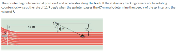 The sprinter begins from rest at position A and accelerates along the track. If the stationary tracking camera at O is rotating
at the rate of 11.9 deg/s when the sprinter passes the 67-m mark, determine the speed v of the sprinter and the
counterclockwise
value of r.
47 m
O
12 m