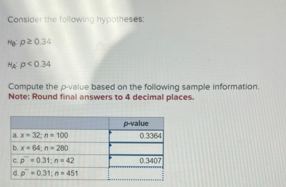 Consider the following hypotheses:
He: p≥ 0.34
HA: P<0.34
Compute the p-value based on the following sample information.
Note: Round final answers to 4 decimal places.
a. x = 32; n = 100
b. x = 64; n = 280
c. p=0.31; n = 42
d. p=0.31; n = 451
p-value
0.3364
0.3407