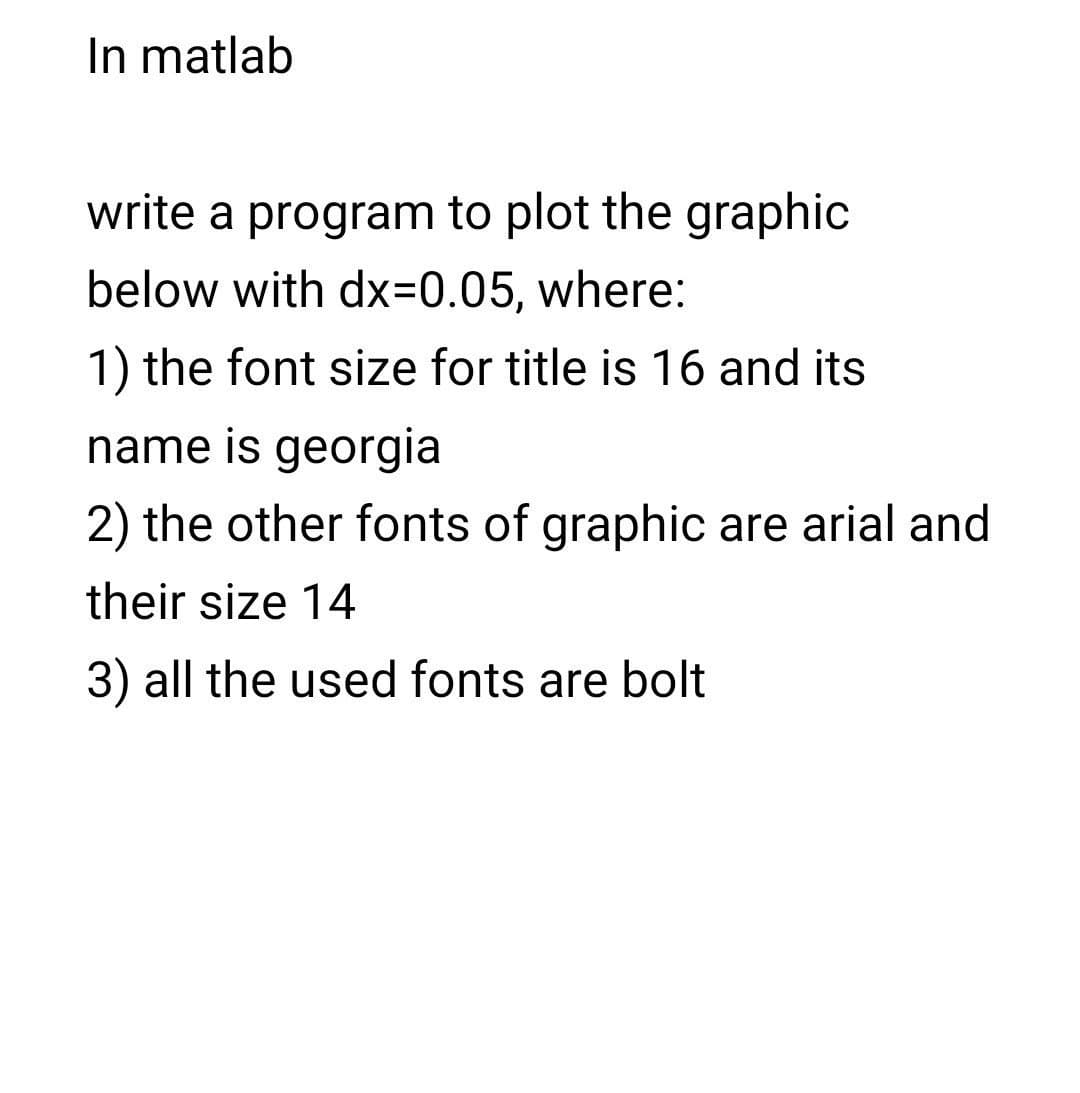 In matlab
write a program to plot the graphic
below with dx3D0.05, where:
1) the font size for title is 16 and its
name is georgia
2) the other fonts of graphic are arial and
their size 14
3) all the used fonts are bolt
