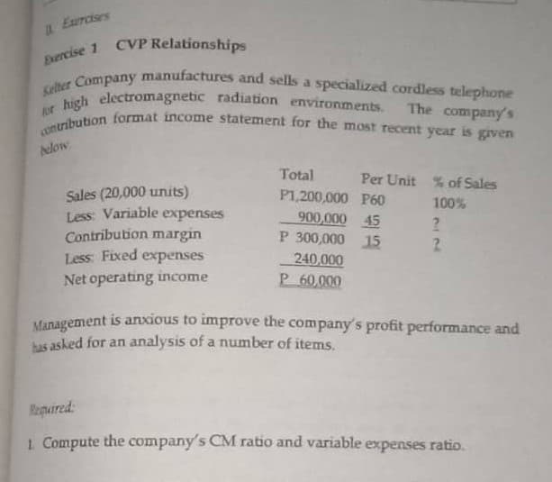 Exercise 1 CVP Relationships
high electromagnetic radiation environments.
Kelter Company manufactures and sells a specialized cordless telephone
contribution format income statement for the most recent year is grven
L Exurcises
CVP Relationships
The companys
or
helow
Total
Per Unit % of Sales
Sales (20,000 units)
Less: Variable expenses
Contribution margin
Less Fixed expenses
P1,200,000 P60
100%
900,000 45
P 300,000 15
240,000
Net operating income
P 60,000
Management is anxious to improve the company's profit performance and
bas asked for an analysis of a number of items.
Required
1 Compute the company's CM ratio and variable expenses ratio.
