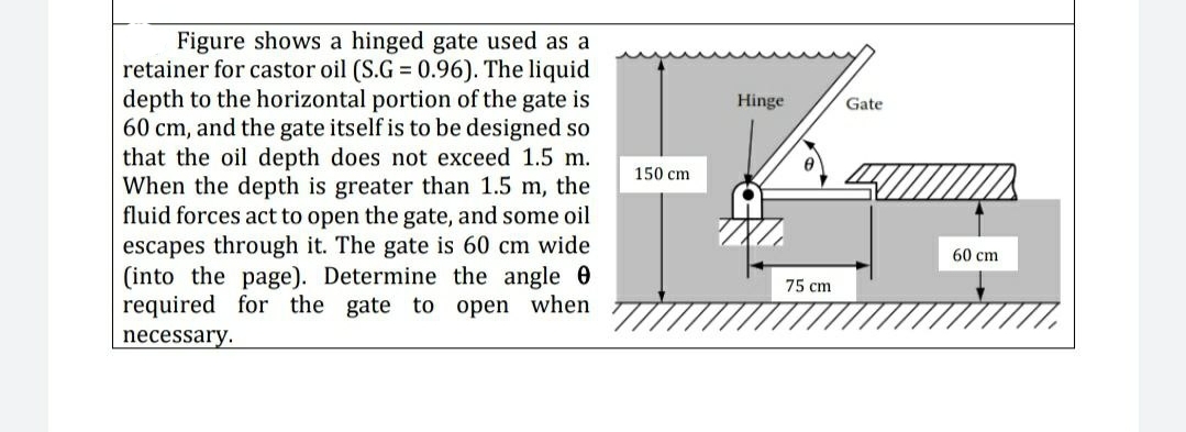 Figure shows a hinged gate used as a
retainer for castor oil (S.G = 0.96). The liquid
depth to the horizontal portion of the gate is
60 cm, and the gate itself is to be designed so
that the oil depth does not exceed 1.5 m.
When the depth is greater than 1.5 m, the
fluid forces act to open the gate, and some oil
escapes through it. The gate is 60 cm wide
(into the page). Determine the angle
required for the gate to open when
necessary.
150 cm
Hinge
75 cm
Gate
60 cm