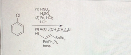 (1) HNO
H,SO,
(2) Fe, HCI;
HO
CI
(3) ACCI, (CH3CH2N
(4).
SnBu,
Pd(Ph,P).
base
