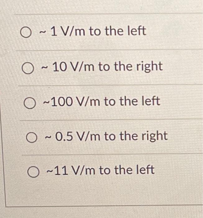 O~1 V/m to the left
O~10 V/m to the right
O~100 V/m to the left
O~0.5 V/m to the right
○ ~11 V/m to the left