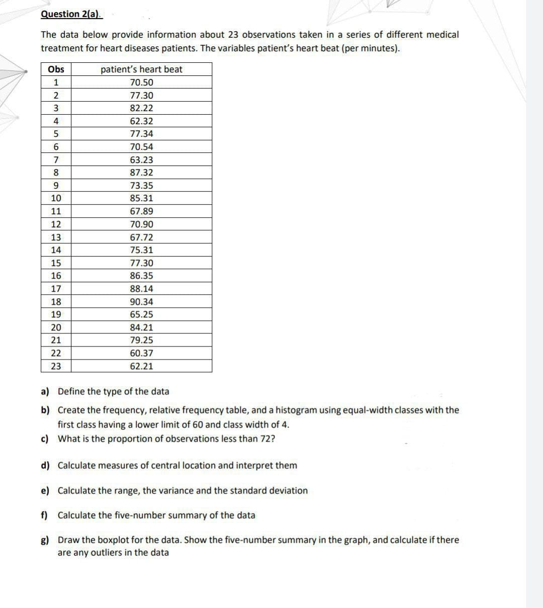 Question 2(a).
The data below provide information about 23 observations taken in a series of different medical
treatment for heart diseases patients. The variables patient's heart beat (per minutes).
Obs
1
2
3
4
5
6
7
8
9
10
11
12
34SGIBONN
13
14
15
16
17
18
19
20
21
22
23
patient's heart beat
70.50
77.30
82.22
62.32
77.34
70.54
63.23
87.32
73.35
85.31
67.89
70.90
67.72
75.31
77.30
86.35
88.14
90.34
65.25
84.21
79.25
60.37
62.21
a) Define the type of the data
b)
Create the frequency, relative frequency table, and a histogram using equal-width classes with the
first class having a lower limit of 60 and class width of 4.
c) What is the proportion of observations less than 72?
d) Calculate measures of central location and interpret them
e) Calculate the range, the variance and the standard deviation
f) Calculate the five-number summary of the data
g)
Draw the boxplot for the data. Show the five-number summary in the graph, and calculate if there
are any outliers in the data