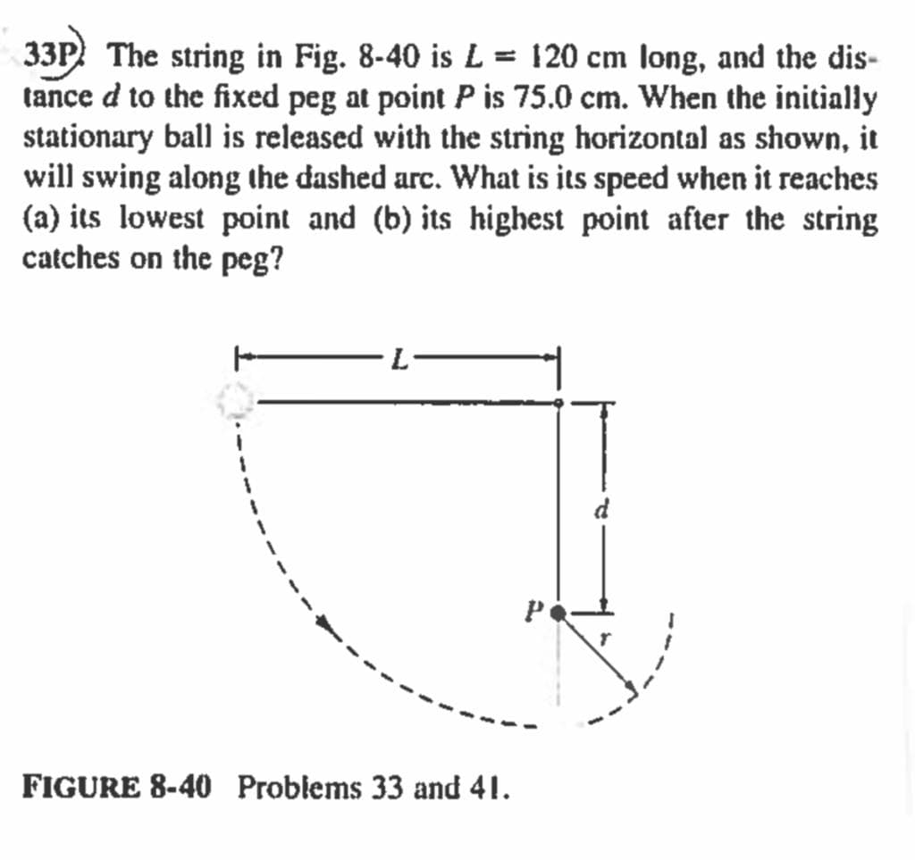 33P The string in Fig. 8-40 is L = 120 cm long, and the dis-
tance d to the fixed peg at point P is 75.0 cm. When the initially
stationary ball is released with the string horizontal as shown, it
will swing along the dashed arc. What is its speed when it reaches
(a) its lowest point and (b) its highest point after the string
catches on the peg?
P
FIGURE 8-40 Problems 33 and 41.
