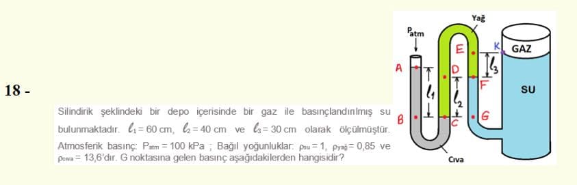 Yağ
Patm
GAZ
18 -
SU
Silindirik şeklindeki bir depo içerisinde bir gaz ile basınçlandınlmış su
B
G
bulunmaktadır. = 60 cm, 6= 40 cm ve s= 30 cm olarak ölçülmüştür.
Atmosferik basınç: Pam = 100 kPa ; Bağıl yoğunluklar: psu = 1, pyaj= 0,85 ve
Pewa = 13,6'dır. Gnoktasına gelen basınç aşağıdakilerden hangisidir?
Civa
