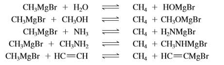 CH;MgBr + H,O
CH;MgBr + CH;OH
CH,MgBr + NH3
CH,MgBr + CH,NH,
CH,MgBr + HC=CH
CH4 + HOMGBR
CH4 + CH,OM9BR
CH4 + H,NMGB.
CH4 + CH,NHMgBr
CH4 + HC=CM&BR
11 1 1 1
