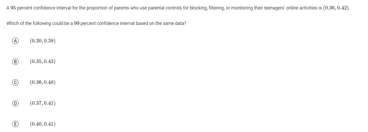 A 95 percent confidence interval for the proportion of parents who use parental controls for blocking, filtering, or monitoring their teenagers' online activities is (0.36, 0.42).
Which of the following could be a 99 percent confidence interval based on the same data?
A
B
C
D
E
(0.30, 0.38)
(0.35, 0.43)
(0.36, 0.48)
(0.37, 0.41)
(0.40, 0.41)