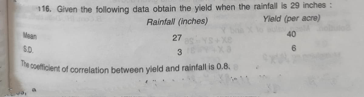 116. Given the following data obtain the yield when the rainfall is 29 inches :
Rainfall (inches)
The coefficient of correlation between yield and rainfall is 0.8,
Yield (per acre)
40
Mean
27
aX+SA
S.D.
