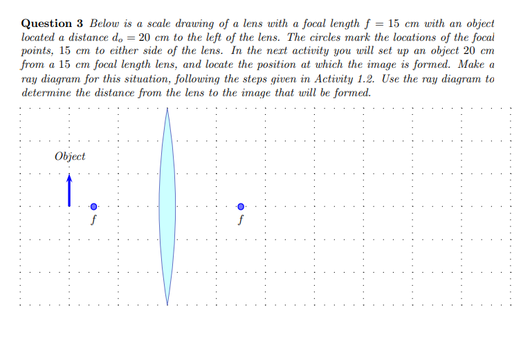 Question 3 Below is a scale drawing of a lens with a focal length f = 15 cm with an object
located a distance d, = 20 cm to the left of the lens. The circles mark the locations of the focal
points, 15 cm to either side of the lens. In the next activity you will set up an object 20 cm
from a 15 cm focal length lens, and locate the position at which the image is formed. Make a
ray diagram for this situation, following the steps given in Activity 1.2. Use the ray diagram to
determine the distance from the lens to the image that will be formed.
Object
1
