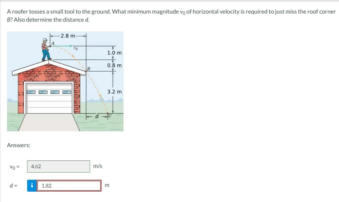 A roofer tosses a small tool to the ground. What minimum magnitude vo of horizontal velocity is required to just miss the roof corner
B? Also determine the distance d.
T
Answers:
Vo =
d =
4.62
i 1.82
2.8 m
to
THEIRPETRET
B
d
m/s
1.0 m
080.
0.8 m
3.2 m
m