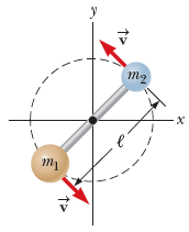 The image presents a schematic diagram depicting a two-body rotation system. Here is the description for an educational website:

---

### Two-Body Rotational System

This diagram illustrates a two-body system rotating about a central point, often analyzed in the study of classical mechanics.

#### Key Elements:

1. **Masses (m<sub>1</sub> and m<sub>2</sub>):**
   - `m<sub>1</sub>` and `m<sub>2</sub>` represent the masses of the two objects. In the diagram, `m<sub>1</sub>` is the larger, copper-colored mass, and `m<sub>2</sub>` is the smaller, blue-colored mass.
   
2. **Angular Velocity (v):**
   - The masses are shown with velocity vectors (denoted as `v`), indicating the direction of motion. The velocity vectors are represented by red arrows pointing in opposite tangential directions.
  
3. **Fixed Rod (ℓ):**
   - A rigid rod of length `ℓ` connects the two masses `m<sub>1</sub>` and `m<sub>2</sub>`, ensuring that they remain at a constant distance from each other as they rotate about the central pivot point.

4. **Circular Path:**
   - The dashed circle indicates the path of motion of the two masses. This circular path is centered on the midpoint connecting the two masses, where the rod is pivoted.

#### Coordinate System:

- The diagram is oriented with an `x`-y coordinate system, highlighting the rotational motion in a two-dimensional plane.

---

This diagram is crucial for understanding the dynamics of rotational systems, demonstrating concepts such as centripetal force, angular momentum, and rotational inertia.