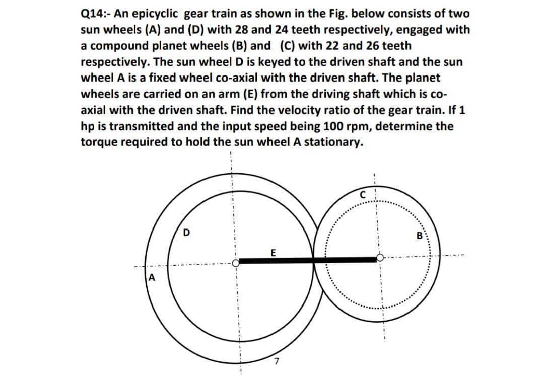 Q14:- An epicyclic gear train as shown in the Fig. below consists of two
sun wheels (A) and (D) with 28 and 24 teeth respectively, engaged with
a compound planet wheels (B) and (C) with 22 and 26 teeth
respectively. The sun wheel D is keyed to the driven shaft and the sun
wheel A is a fixed wheel co-axial with the driven shaft. The planet
wheels are carried on an arm (E) from the driving shaft which is co-
axial with the driven shaft. Find the velocity ratio of the gear train. If 1
hp is transmitted and the input speed being 100 rpm, determine the
torque required to hold the sun wheel A stationary.
