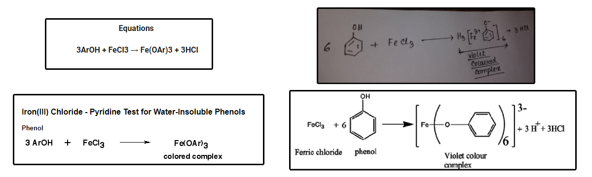 Equations
3ArOH + FeCl3 → Fe(OAr)3 + 3HCI
Iron(III) Chloride - Pyridine Test for Water-Insoluble Phenols
Phenol
3 ArOH + FeCl3
Fe(OAr) 3
colored complex
6
FeCl3
OH
+6
+ Fecz
OH
> M F 51.
--8--|-(0)
Violet colour
complex
Ferric chloride phenol
violet
Coloured
complex
+3 HCL
13-
1³
+ 3 H™ + 3HCI