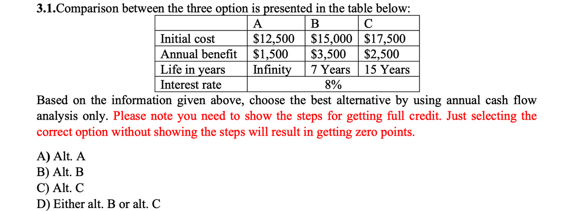 3.1.Comparison between the three option is presented in the table below:
A
В
C
$12,500 $15,000 $17,500
$2,500
7 Years 15 Years
Initial cost
Annual benefit $1,500
Life in years
$3,500
Infinity
Interest rate
8%
Based on the information given above, choose the best alternative by using annual cash flow
analysis only. Please note you need to show the steps for getting full credit. Just selecting the
correct option without showing the steps will result in getting zero points.
A) Alt. A
B) Alt. B
C) Alt. C
D) Either alt. B or alt. C
