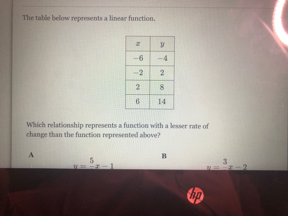 The table below represents a linear function.
-9-
-4
-2
2
8
14
Which relationship represents a function with a lesser rate of
change than the function represented above?
B
3
=-x- 2
-x-1
2.
