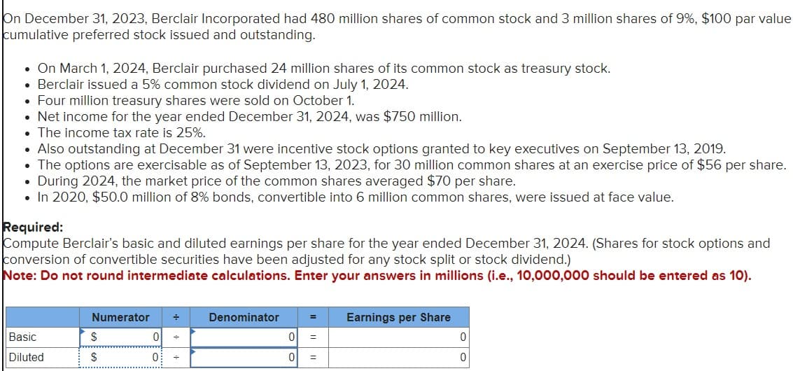 On December 31, 2023, Berclair Incorporated had 480 million shares of common stock and 3 million shares of 9%, $100 par value
cumulative preferred stock issued and outstanding.
• On March 1, 2024, Berclair purchased 24 million shares of its common stock as treasury stock.
• Berclair issued a 5% common stock dividend on July 1, 2024.
• Four million treasury shares were sold on October 1.
• Net income for the year ended December 31, 2024, was $750 million.
• The income tax rate is 25%.
●
Also outstanding at December 31 were incentive stock options granted to key executives on September 13, 2019.
• The options are exercisable as of September 13, 2023, for 30 million common shares at an exercise price of $56 per share.
During 2024, the market price of the common shares averaged $70 per share.
●
• In 2020, $50.0 million of 8% bonds, convertible into 6 million common shares, were issued at face value.
Required:
Compute Berclair's basic and diluted earnings per share for the year ended December 31, 2024. (Shares for stock options and
conversion of convertible securities have been adjusted for any stock split or stock dividend.)
Note: Do not round intermediate calculations. Enter your answers in millions (i.e., 10,000,000 should be entered as 10).
Basic
Diluted
Numerator ÷
0 +
0 =
$
$
Denominator
0
0
=
=
Earnings per Share
0
0