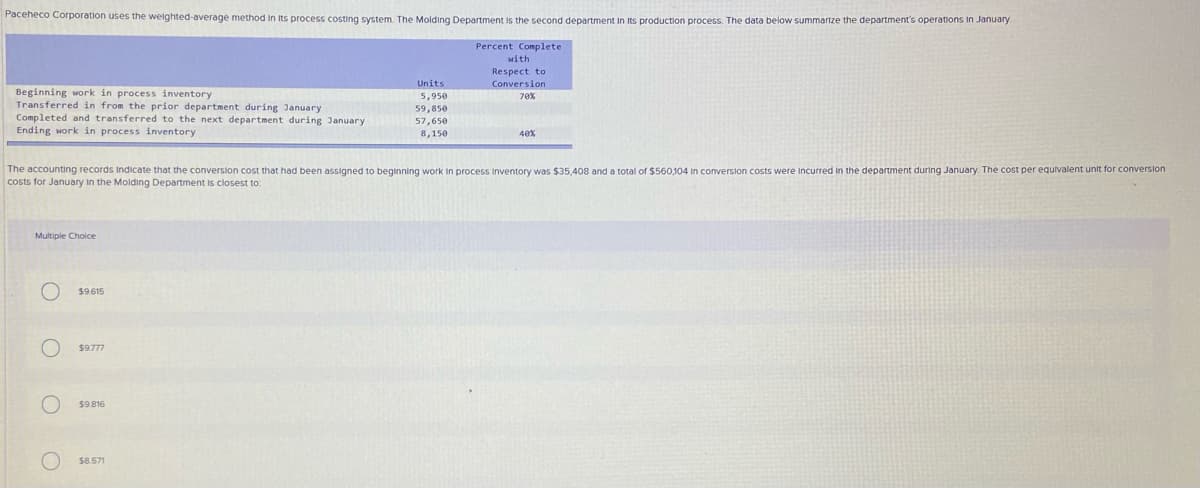 Paceheco Corporation uses the weighted-average method in Its process costing system. The Molding Department is the second department in Its production process. The data below summarize the department's operations in January.
Percent Complete
with
Respect to
Units
Conversion
Beginning work in process inventory
Transferred in from the prior department during January
Completed and transferred to the next department during January
Ending work in process inventory
70%
5,950
59,850
57,650
8,150
40
The accounting records Indicate that the converslon cost that had been assigned to beginning work In process Inventory was $35,408 and a total of $560,104 in conversion costs were Incurred in the department during January. The cost per equivalent unit for conversion
costs for January In the Molding Department is closest to
Multiple Choice
$9615
$9.777
$9.816
$8.571
O O O
