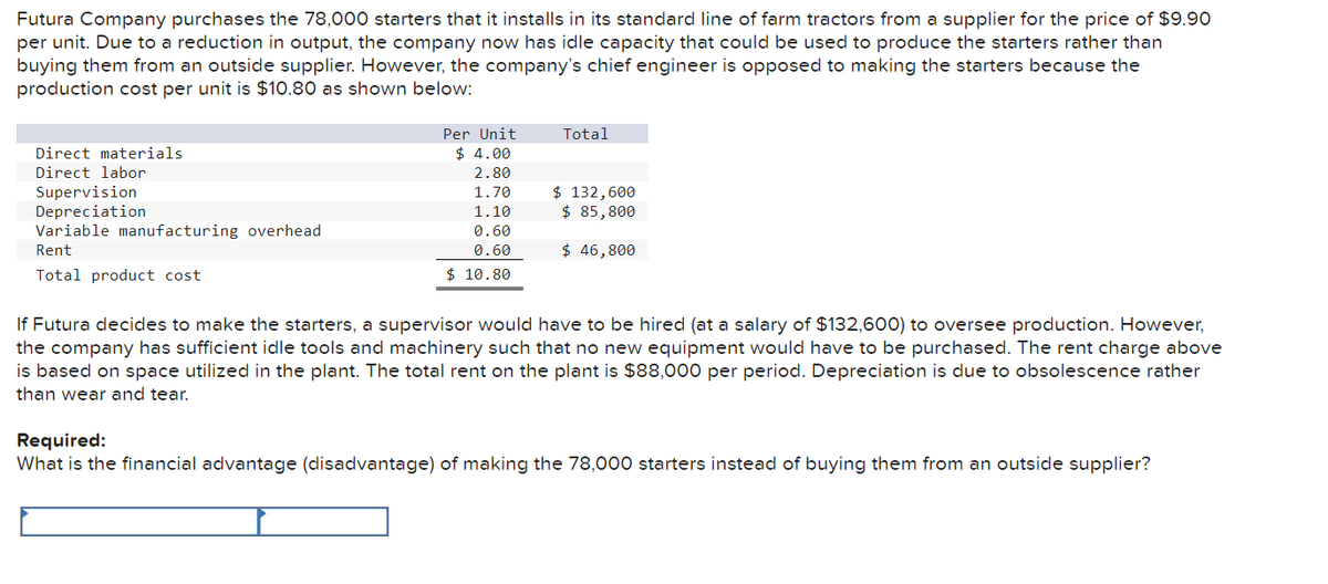 Futura Company purchases the 78,000 starters that it installs in its standard line of farm tractors from a supplier for the price of $9.90
per unit. Due to a reduction in output, the company now has idle capacity that could be used to produce the starters rather than
buying them from an outside supplier. However, the company's chief engineer is opposed to making the starters because the
production cost per unit is $10.80 as shown below:
Direct materials
Direct labor
Supervision
Depreciation
Variable manufacturing overhead
Rent
Total product cost
Per Unit
$ 4.00
2.80
1.70
1.10
0.60
0.60
$10.80
Total
$ 132,600
$ 85,800
$ 46,800
If Futura decides to make the starters, a supervisor would have to be hired (at a salary of $132,600) to oversee production. However,
the company has sufficient idle tools and machinery such that no new equipment would have to be purchased. The rent charge above
is based on space utilized in the plant. The total rent on the plant is $88,000 per period. Depreciation is due to obsolescence rather
than wear and tear.
Required:
What is the financial advantage (disadvantage) of making the 78,000 starters instead of buying them from an outside supplier?