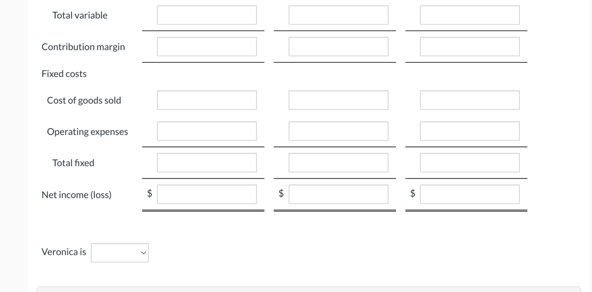 Total variable
Contribution margin
Fixed costs
Cost of goods sold
Operating expenses
Total fixed
Net income (loss)
Veronica is
$
tA
LA
