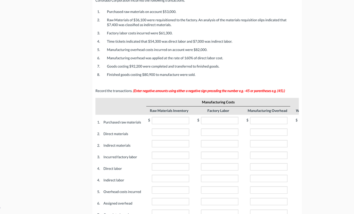 1.
2.
3.
4.
5.
6.
7.
8.
Purchased raw materials on account $53,000.
Raw Materials of $36,100 were requisitioned to the factory.An analysis of the materials requisition slips indicated that
$7,400 was classified as indirect materials.
Factory labor costs incurred were $61,300.
Time tickets indicated that $54,300 was direct labor and $7,000 was indirect labor.
Manufacturing overhead costs incurred on account were $82,000.
Manufacturing overhead was applied at the rate of 160% of direct labor cost.
Goods costing $92,200 were completed and transferred to finished goods.
Finished goods costing $80,900 to manufacture were sold.
Record the transactions. (Enter negative amounts using either a negative sign preceding the number e.g. -45 or parentheses e.g. (45).)
1. Purchased raw materials
2. Direct materials
2. Indirect materials
3. Incurred factory labor
4. Direct labor
4. Indirect labor
the ollowing ransactions.
5. Overhead costs incurred
6. Assigned overhead
Raw Materials Inventory
Manufacturing Costs
Factory Labor
Manufacturing Overhead W
$
LA