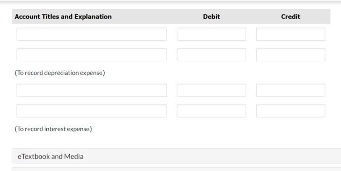 Account Titles and Explanation
(To record depreciation expense)
(To record interest expense)
eTextbook and Media
Debit
Credit