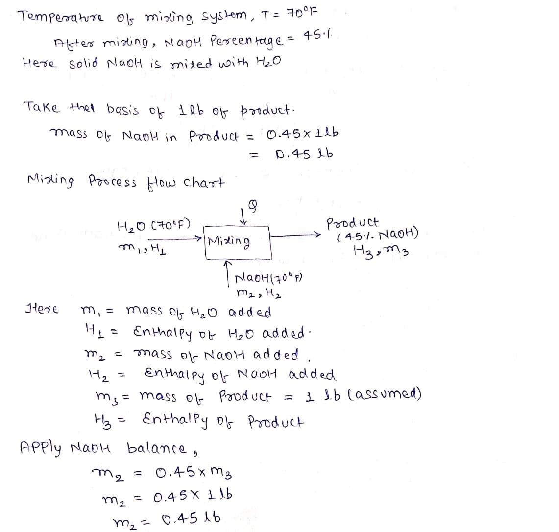 Temperature of mixing system, T = 70°F
After miring, NaOH Perseen tage = 45.1.
Here solid NaOH is mixed with H₂O
Take the basis of 1lb of product.
mass of NaOH in Product =
Midling Process How chart
boso
Here
m₁ =
H₂
m₂
H2
H₂0 (70°F)
might
=
=
m3=
H3
Apply NapH balance,
= mass of
m2
↑NaOH (70°F)
M₂, H₂
mass of H₂O added.
Enthalpy of H₂0 added.
mass of NaOH added.
Enthalpy of NaoH added.
Product
m2
=
Q
↓
Mixing
m₂ =
0.45x11b
0.45 lb
0.45x m3
0.45X 1 lb
0.45 ль
=
Enthalpy of Product
Product
(45%. NaOH)
H3&M3.
1 lb (assumed)