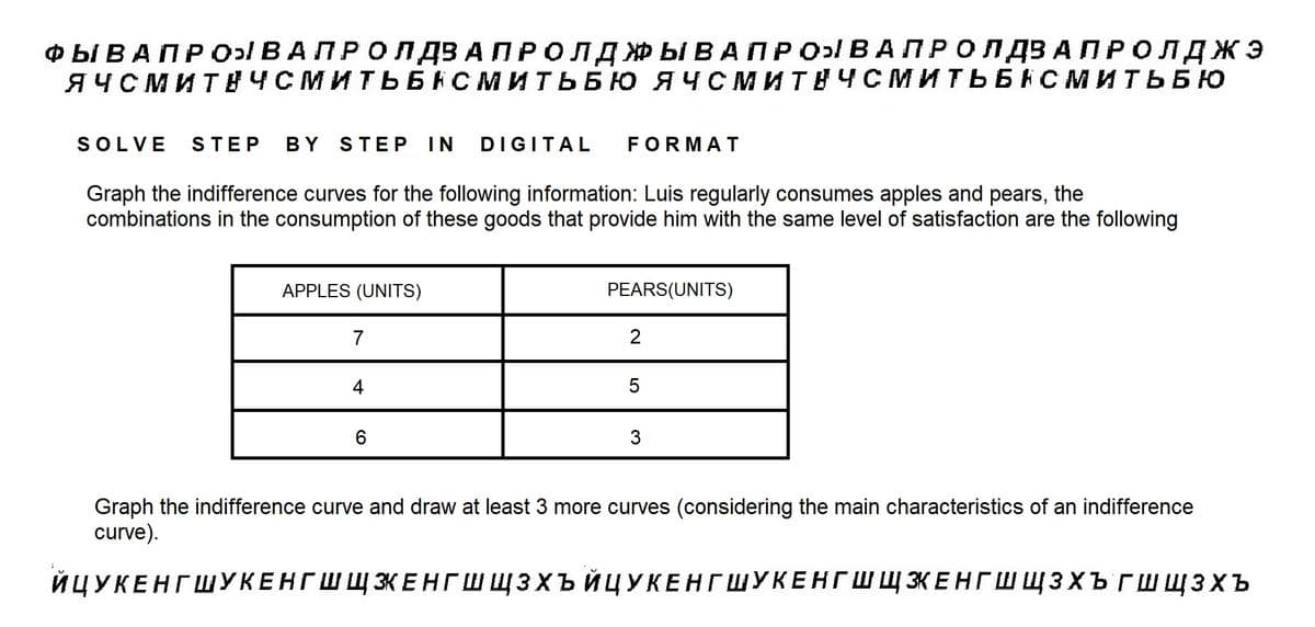 ФЫВА ПРО В А П Р О Л ДВА ПРОЛДЫ В А ПРО ВА ПРО Л ДЗАПРОЛДЖЭ
ЯЧСМИТНЧСМИТЬБНСМИТЬБЮ ЯЧСМИТЕЧСМИТЬБНСМИТЬБЮ
SOLVE STEP BY STEP IN DIGITAL FORMAT
Graph the indifference curves for the following information: Luis regularly consumes apples and pears, the
combinations in the consumption of these goods that provide him with the same level of satisfaction are the following
APPLES (UNITS)
7
4
6
PEARS(UNITS)
2
5
3
Graph the indifference curve and draw at least 3 more curves (considering the main characteristics of an indifference
curve).
ЙЦУКЕНГШУКЕНГШЩЗКЕНГШЩЗХЪЙЦУКЕНГ ШУКЕНГШ Щ ЭКЕНГШЩЗХЪГШщзхъ