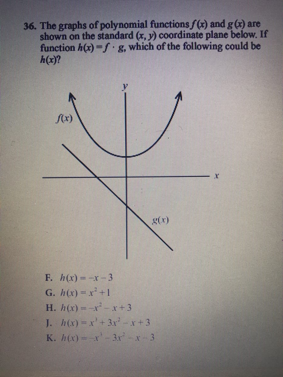 36. The graphs of polynomial functions f(x) and g (x) are
shown on the standard (x, y) coordinate plane below. If
function h(x)-S g, which of the following could be
h(x)?
F. h(x)--x-3
G. h(x) =x+1
H. h(x)=-x- x+3
J. h(x)=x'+3r-x+3
K. A)-x 3-x-3
