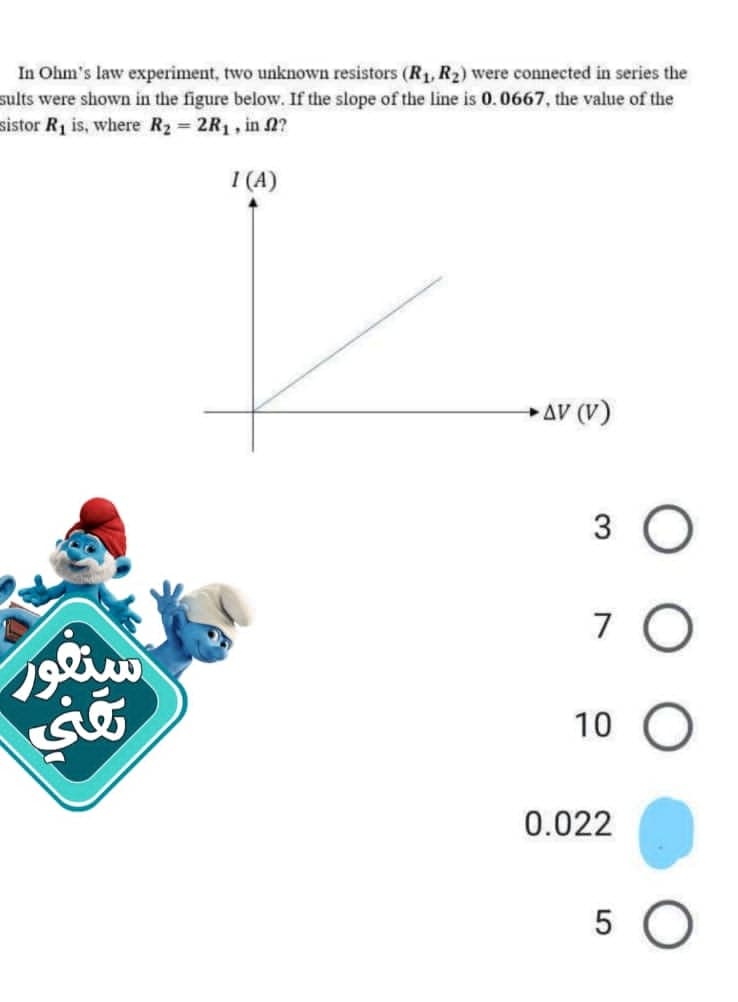 In Ohm's law experiment, two unknown resistors (R₁, R₂) were connected in series the
sults were shown in the figure below. If the slope of the line is 0.0667, the value of the
sistor R₁ is, where R₂ = 2R₁, in 2?
I (4)
سنتور
ந்
→ ۵۷ (۷)
3
7
10
0.022
5