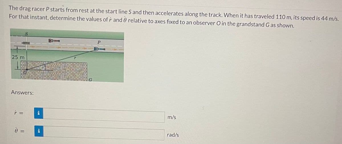 The drag racer P starts from rest at the start line S and then accelerates along the track. When it has traveled 110 m, its speed is 44 m/s.
For that instant, determine the values of and 0 relative to axes fixed to an observer O in the grandstand G as shown.
25 m
Answers:
r =
0 =
m/s
rad/s