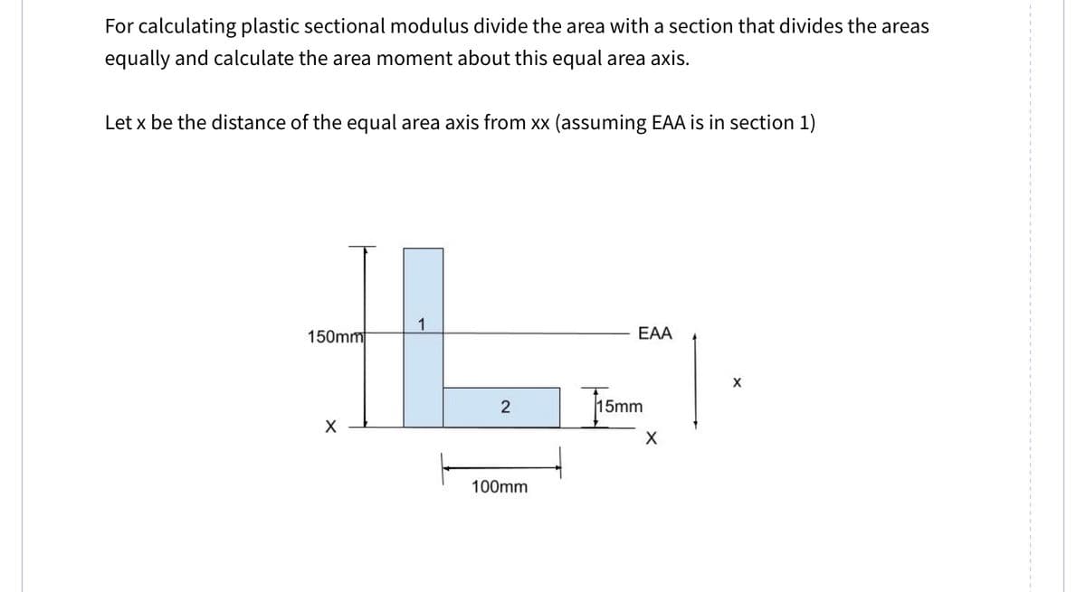 For calculating plastic sectional modulus divide the area with a section that divides the areas
equally and calculate the area moment about this equal area axis.
Let x be the distance of the equal area axis from xx (assuming EAA is in section 1)
IL
150mm
X
2
100mm
EAA
15mm
X
X