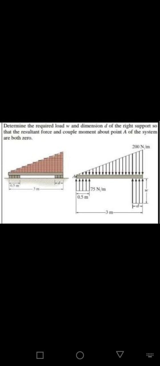 Determine the required load w and dimension d of the right support so
that the resultant force and couple moment about point A of the system
are both zero.
200 N/m
05 m
75 N/m
0.5 m
-3 m-
O O
