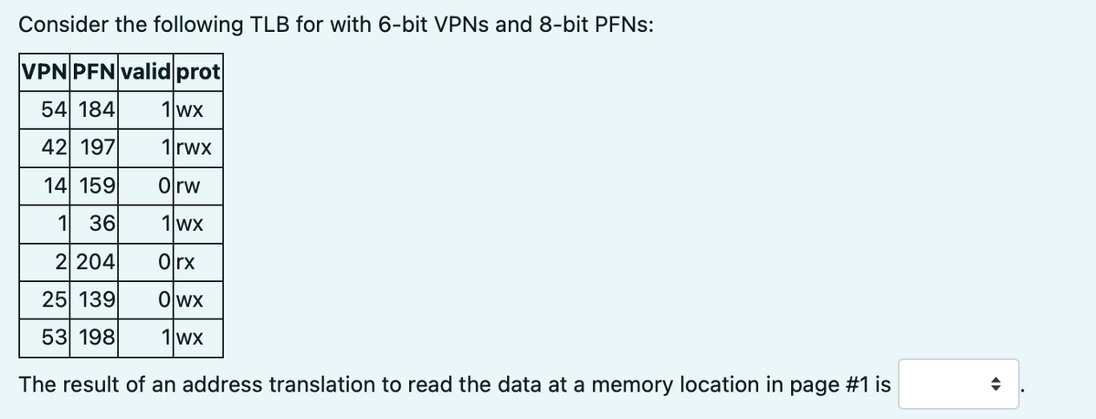 Consider the following TLB for with 6-bit VPNS and 8-bit PFNS:
VPN PFN valid prot
54 184
1wx
42 197
1 rwx
14 159
Olrw
1 36
1wx
2 204
이rx
25 139
Owx
53 198
1wx
The result of an address translation to read the data at a memory location in page #1 is
