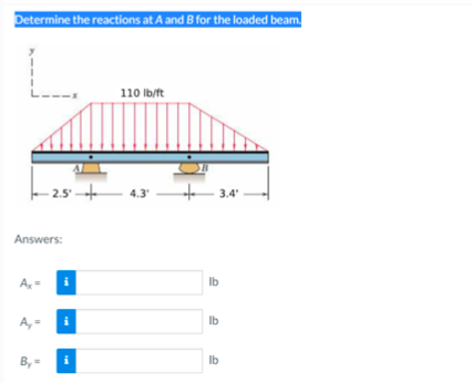 Determine the reactions at A and B for the loaded beam.
110 Ib/ft
--
- 2.5'-
4.3
3.4
Answers:
A,=
Ib
A,-
Ib
B,-
Ib
